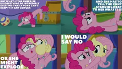 Size: 1280x720 | Tagged: safe, derpibooru import, edit, edited screencap, editor:quoterific, screencap, fluttershy, pinkie pie, earth pony, pegasus, pony, the one where pinkie pie knows, ball, duo, duo female, female, gritted teeth, image, jpeg, mare, no, open mouth, puffy cheeks, solo, teeth, treasure chest, worried