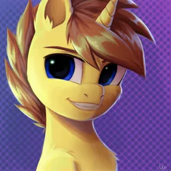 Size: 2480x2480 | Tagged: safe, artist:loonya, derpibooru import, oc, oc:sugar pie, unofficial characters only, pony, unicorn, abstract background, bust, chest fluff, ear fluff, grin, horn, image, jpeg, looking at you, male, smiling, smug, solo, stallion, unicorn oc