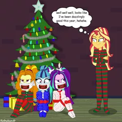 Size: 1920x1920 | Tagged: safe, artist:robukun, derpibooru import, adagio dazzle, aria blaze, sonata dusk, sunset shimmer, equestria girls, arm behind back, bondage, bound and gagged, christmas, cloth gag, clothes, crossed arms, footed sleeper, footie pajamas, gag, gift wrapped, holiday, image, jpeg, kidnapped, otn gag, over the nose gag, pajamas, smiling, smirk, smug, smugset shimmer, the dazzlings, thought bubble, tied up