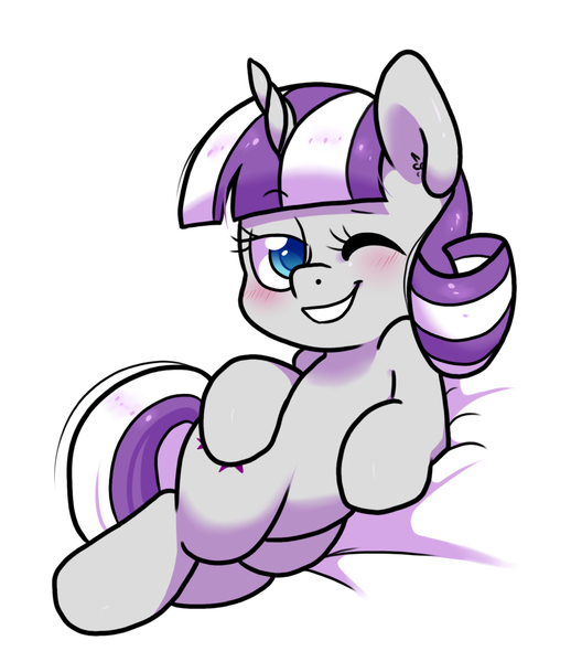 Size: 906x1050 | Tagged: safe, artist:paperbagpony, derpibooru import, twilight velvet, pony, unicorn, blushing, cute, eyelashes, female, grin, horn, image, lying down, mare, one eye closed, png, simple background, smiling, solo, velvetbetes, white background, wink