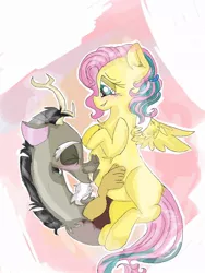 Size: 780x1040 | Tagged: safe, artist:cocolove2176, derpibooru import, discord, fluttershy, draconequus, pegasus, pony, abstract background, alternate hairstyle, blushing, cute, discoshy, discute, eyelashes, eyes closed, female, image, jpeg, kissing, male, mare, preggoshy, pregnant, shipping, shyabetes, straight, wings