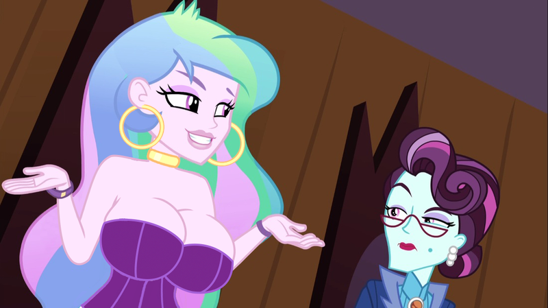 Size: 1100x618 | Tagged: suggestive, artist:wanderingeditor, derpibooru import, edit, edited edit, edited screencap, screencap, princess celestia, principal abacus cinch, equestria girls, friendship games, big breasts, big lips, bimbo, bimbo celestia, bimbo edit, boob squish, breast edit, breasts, busty princess celestia, choker, cinch is not amused, clothes, corset, dick sucking lips, duo, ear piercing, earring, female, females only, hooped earrings, huge breasts, image, jewelry, lingerie, lip gloss, makeup, piercing, png, principal celestia, strapless, unamused, wristband