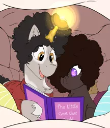 Size: 2637x3059 | Tagged: safe, artist:denzel, derpibooru import, oc, oc:idle thoughts, oc:whitney, unofficial characters only, goat, unicorn, afro, bed, chest fluff, image, magic, pillow, pillow fort, png, reading