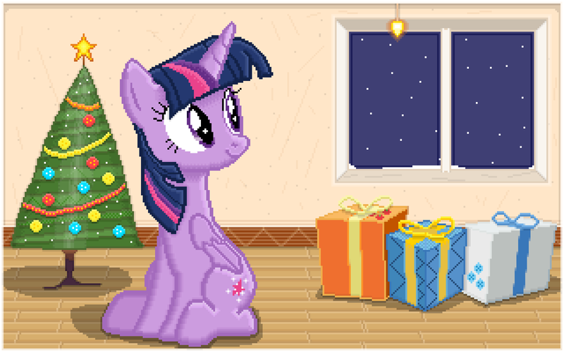 Size: 2560x1600 | Tagged: safe, artist:calinou, derpibooru import, twilight sparkle, twilight sparkle (alicorn), alicorn, pony, christmas, christmas tree, cute, derpibooru exclusive, female, gift art, holiday, image, indoors, manechat, pixel art, pixelorama, png, present, room, snow, snowfall, solo, tree, window