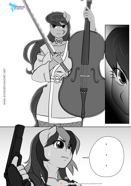 Size: 1200x1697 | Tagged: safe, artist:pia-sama, derpibooru import, octavia melody, rainbow dash, anthro, comic:rogue diamond, ..., alternative cutie mark placement, badass, bow (instrument), breasts, busty octavia, cello, cello bow, facial cutie mark, female, gun, handgun, image, katana, looking at you, musical instrument, pistol, png, revy dash, sweat, sweatdrop, sword, weapon