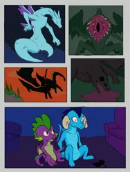Size: 2100x2800 | Tagged: semi-grimdark, anonymous artist, derpibooru import, princess ember, spike, dragon, black dragon kalameet, comic, dark souls, dragoness, emberspike, female, gaping dragon, holding hands, image, jpeg, male, open mouth, scary face, seath the scaleless, shipping, straight, winged spike