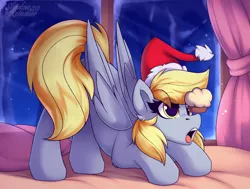 Size: 1850x1400 | Tagged: safe, artist:shadowreindeer, derpibooru import, derpy hooves, pegasus, pony, bed, christmas, cute, derpabetes, eye clipping through hair, face down ass up, female, food, hat, holiday, image, indoors, jpeg, mare, muffin, on bed, open mouth, ponies balancing stuff on their nose, santa hat, snow, solo, window