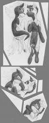 Size: 1878x4635 | Tagged: safe, artist:joestick, derpibooru import, oc, oc:arcalia, oc:kass, earth pony, pony, anatomically incorrect, blank flank, duo, female, grayscale, hug, image, jpeg, kissing, lying, male, mare, monochrome, nudity, pinto, siblings, socks (coat marking), stallion, traditional art