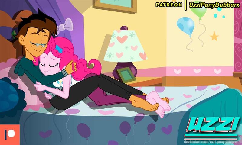 Size: 1280x768 | Tagged: safe, alternate version, artist:uzzi-ponydubberx, derpibooru import, pinkie pie, oc, oc:copper plume, equestria girls, equestria girls series, adorable face, alternate design, barefoot, bed, bedroom, bedroom eyes, canon x oc, clothes, commission, commissioner:imperfectxiii, copperpie, couple, cuddling, cute, eyes closed, feet, female, girlfriend, glasses, happy, hug, image, jpeg, laying on bed, love, lying, lying down, male, on bed, pants, patreon, patreon logo, resting, romantic, room, shipping, sleeping, sleepy, sleeveless, smiling, straight