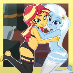 Size: 1500x1500 | Tagged: suggestive, artist:grapefruitface1, artist:theretroart88, derpibooru import, sunset shimmer, trixie, equestria girls, base used, bedroom eyes, breasts, choker, clothes, cuddling, female, hug, image, lesbian, lingerie, looking at you, png, shipping, socks, stockings, sunset's apartment, suntrix, thigh highs, toeless stockings