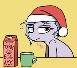 Size: 1450x1280 | Tagged: safe, artist:pinkberry, derpibooru import, oc, oc:winter azure, unofficial characters only, earth pony, pony, christmas, colt, eggnog, femboy, foal, freckles, frown, girly, hat, holiday, image, looking offscreen, male, mug, png, santa hat, shoulder freckles, solo, spiked drink, tired, trap, upset