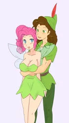 Size: 1136x2026 | Tagged: suggestive, artist:ciriliko, derpibooru import, cheese sandwich, pinkie pie, fairy, human, big breasts, blushing, breasts, busty pinkie pie, cheesepie, clothes, commission, costume, couple, crossover, disney, disney fairies, fairy wings, fairyized, female, hug, humanized, image, jpeg, male, peter pan, shipping, straight, stupid sexy pinkie, tinker bell, tinkerbell, wings