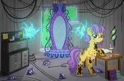 Size: 1200x793 | Tagged: safe, artist:jennieoo, derpibooru import, oc, oc:shale blush, earth pony, goo, pony, diamond, electricity, gem, goggles, image, mirror, mirror portal, png, show accurate, solo, tesla coil, wires, working