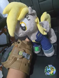Size: 3024x4032 | Tagged: safe, artist:shappy the lamia, derpibooru import, derpy hooves, pegasus, pony, fallout equestria, caress, clothes, cosplay, costume, derp, fallout, image, merchandise, petting, photo, pipboy, pipbuck, plushie, plushies shy, png, real life background, reality, solo, suit, vault 111, vault boy, vault suit