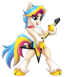 Size: 1807x2139 | Tagged: safe, alternate version, artist:feneksia, derpibooru import, oc, oc:rocket pop, unofficial characters only, earth pony, background removed, female, guitar, image, musical instrument, performance, png, show, standing