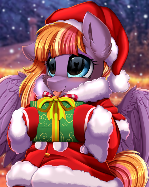Size: 2550x3209 | Tagged: safe, artist:pridark, derpibooru import, part of a set, oc, oc:morning mistral, pegasus, pony, blue eyes, christmas, clothes, commission, costume, cute, female, gift wrapped, hat, high res, holding, holiday, image, png, santa costume, santa hat, smiling, solo, teenager, wings, ych result