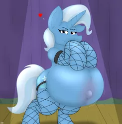 Size: 4019x4096 | Tagged: suggestive, artist:theimmortalwolf, derpibooru import, trixie, pony, unicorn, bedroom eyes, belly, belly blush, belly button, big belly, bipedal, dancing, female, fishnets, heart, image, jpeg, looking at you, mare, outie belly button, pregnant, smiling, solo