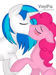 Size: 800x1067 | Tagged: safe, artist:pinkamenascratch, derpibooru import, pinkie pie, vinyl scratch, earth pony, pony, unicorn, blushing, eyes closed, female, holding hooves, image, kissing, lesbian, mare, png, shipping, simple background, vinylpie, white background