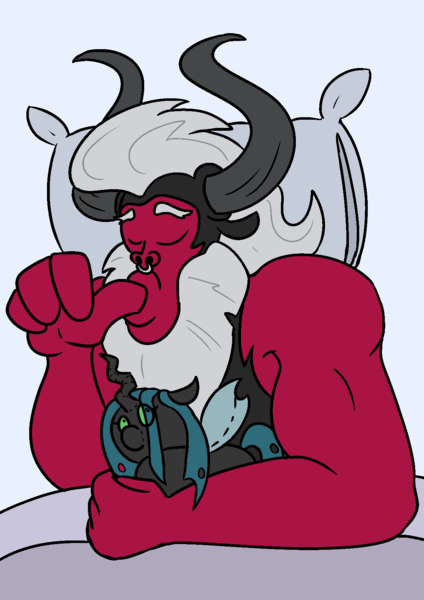 Size: 1191x1684 | Tagged: safe, artist:eow, derpibooru import, lord tirek, queen chrysalis, centaur, bed, cute, eyes closed, image, male, nose piercing, nose ring, piercing, pillow, plushie, png, sleeping, solo, thumb sucking, tirebetes