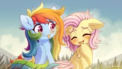 Size: 2840x1600 | Tagged: safe, artist:symbianl, derpibooru import, fluttershy, rainbow dash, pegasus, pony, alternate hairstyle, blushing, cute, dashabetes, duo, duo female, eyes closed, female, image, mare, open mouth, png, scenery, shyabetes, sitting, smiling, tongue out
