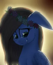 Size: 1000x1230 | Tagged: safe, artist:skanim-sdw, derpibooru import, oc, oc:katoka, unofficial characters only, pegasus, pony, crying, floral head wreath, flower, image, jpeg, looking down, present, sad, solo