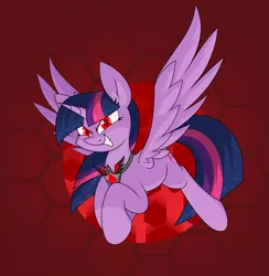 Size: 2431x2491 | Tagged: safe, artist:moonatik, derpibooru import, twilight sparkle, twilight sparkle (alicorn), alicorn, pony, abstract background, alicorn amulet, corrupted, corrupted twilight sparkle, evil, evil grin, flying, grin, image, png, raised hoof, red eyes, smiling, solo, spread wings, tyrant sparkle, wings