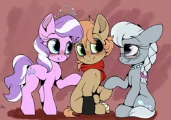 Size: 2983x2086 | Tagged: safe, artist:arume_lux, derpibooru import, diamond tiara, silver spoon, oc, oc:himmel, earth pony, pony, clothes, colt, female, filly, image, male, png, scarf, trio