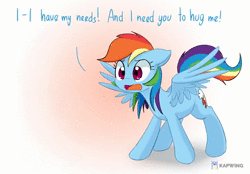 Size: 1196x832 | Tagged: safe, artist:adequality, artist:mcsadat, artist:moodi, derpibooru import, edit, editor:anonymous, editor:moodi, rainbow dash, pegasus, pony, animated, bronybait, cute, daaaaaaaaaaaw, dashabetes, demands, dialogue, female, floppy ears, frown, gradient background, hug, hug request, image, mare, needy, open mouth, solo, sound only, spread wings, sweet dreams fuel, this will end in hugs, voice acting, weapons-grade cute, webm, wide eyes, wings