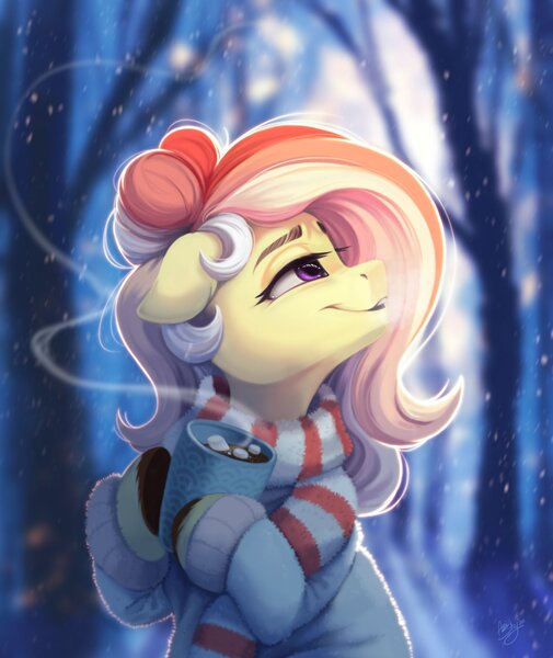 Size: 1782x2119 | Tagged: safe, artist:amishy, derpibooru import, oc, oc:rosy, unofficial characters only, earth pony, pony, chocolate, clothes, eyebrows, female, floppy ears, food, forest, hot chocolate, image, jpeg, mare, marshmallow, scarf, snow, solo, sweater, tree, winter