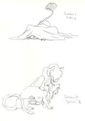 Size: 4319x6176 | Tagged: safe, artist:lady-limule, derpibooru import, oc, unofficial characters only, dog, pegasus, pony, blanket, grayscale, image, inktober 2016, jpeg, lineart, monochrome, pegasus oc, traditional art, wings