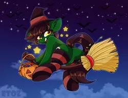 Size: 2600x2000 | Tagged: suggestive, artist:etoz, derpibooru import, oc, oc:howi, unofficial characters only, bat, earth pony, pony, blushing, broom, candy, clothes, cloud, commission, cute, earth pony oc, flying, flying broomstick, food, halloween, happy, hat, holiday, image, looking back, male, open mouth, png, pumpkin, pumpkin bucket, sky, smiling, socks, stallion, stars, stockings, striped socks, thigh highs, witch, witch hat, ych result