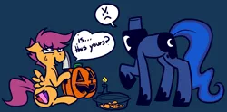 Size: 1280x636 | Tagged: safe, artist:/d/non, derpibooru import, princess luna, scootaloo, alicorn, headless horse, pegasus, pony, :c, >:c, angry, blue background, candle, dialogue, duo, female, filly, frown, halloween, headless, holiday, hoof hold, image, jack-o-lantern, knife, mare, nightmare night, png, pumpkin, pumpkin carving, simple background, speech bubble, sweat, sweatdrop