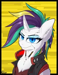 Size: 1615x2102 | Tagged: safe, artist:glue, derpibooru import, rarity, pony, unicorn, alternate hairstyle, chest fluff, clothed ponies, curved horn, cybernetic eyes, cyberpunk, cyberpunk 2077, horn, image, looking at you, png, punk, raripunk