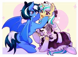 Size: 2200x1600 | Tagged: safe, artist:九枭, derpibooru import, oc, oc:anna karenna, oc:sunsetmark, bat pony, pony, unicorn, clothes, cute, image, jpeg, love, oc x oc, shipping, sit, smiling, socks, the maid outfit, the skirt, wings