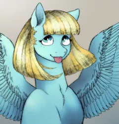 Size: 937x974 | Tagged: safe, artist:happyartfag, derpibooru import, helia, pegasus, pony, :p, drawthread, image, png, requested art, solo, spread wings, tongue out, wings