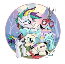 Size: 1280x1260 | Tagged: safe, artist:priscilla tramontano, derpibooru import, coco pommel, rarity, earth pony, pony, unicorn, alternate hairstyle, bracelet, circle background, clothes, dexterous hooves, do not want, duo, duo female, evil grin, female, grin, haircut, image, jewelry, jpeg, lip bite, makeover, mare, nervous, punk, raripunk, scissors, smiling, vest