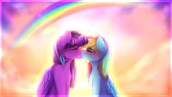 Size: 3840x2160 | Tagged: safe, artist:aaa-its-spook, derpibooru import, rainbow dash, twilight sparkle, twilight sparkle (alicorn), alicorn, pony, blushing, cloud, ear piercing, earring, eyes closed, feather, female, image, jewelry, kissing, lesbian, piercing, png, rainbow, shipping, sky, twidash