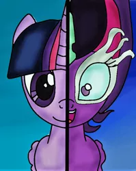 Size: 612x770 | Tagged: safe, artist:luminousgrave, derpibooru import, twilight sparkle, twilight sparkle (alicorn), ponified, alicorn, pony, equestria girls, 2 sides, duality, equestria girls ponified, female, image, line, mare, midnight sparkle, open mouth, png, smiling, solo, two sided posters, two sides