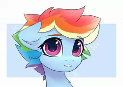 Size: 2964x2103 | Tagged: safe, artist:reterica, derpibooru import, rainbow dash, pony, abstract background, alternate hairstyle, bust, chest fluff, cute, dashabetes, female, floppy ears, high res, image, jpeg, looking at you, mare, portrait, short mane, solo