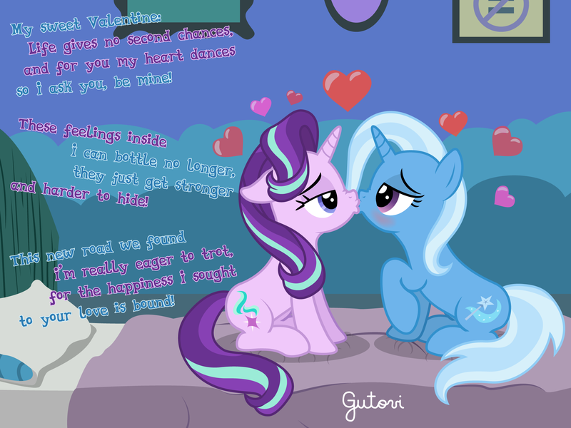 Size: 2084x1563 | Tagged: safe, artist:gutovi, derpibooru import, starlight glimmer, trixie, pony, unicorn, bed, blushing, female, heart, hearts and hooves day, holiday, image, kissing, lesbian, png, shipping, show accurate, starlight's room, startrix, valentine's day