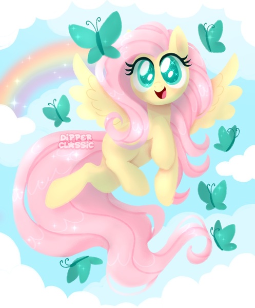 Size: 1113x1345 | Tagged: safe, artist:dipperclassic, derpibooru import, fluttershy, butterfly, insect, pegasus, pony, adorable face, art, beautiful, cloud, cute, fanart, flying, happy, image, jpeg, looking at something, missing cutie mark, rainbow, scenery, shyabetes, soft color, solo, sparkles, spread wings, weapons-grade cute, wings