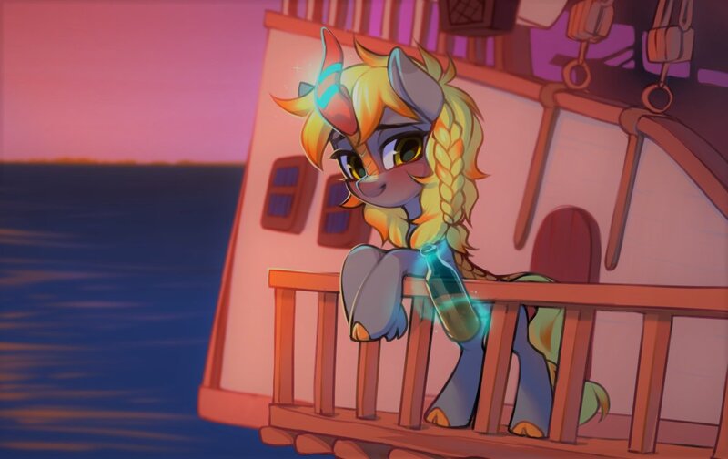 Size: 1183x746 | Tagged: safe, artist:vensual99, derpibooru import, kirin oc, oc, oc:electra pleiades, unofficial characters only, kirin, alcohol, blushing, boat, bottle, cute, image, jpeg, magic, magic aura, ocean, smiling, solo, sunset, water