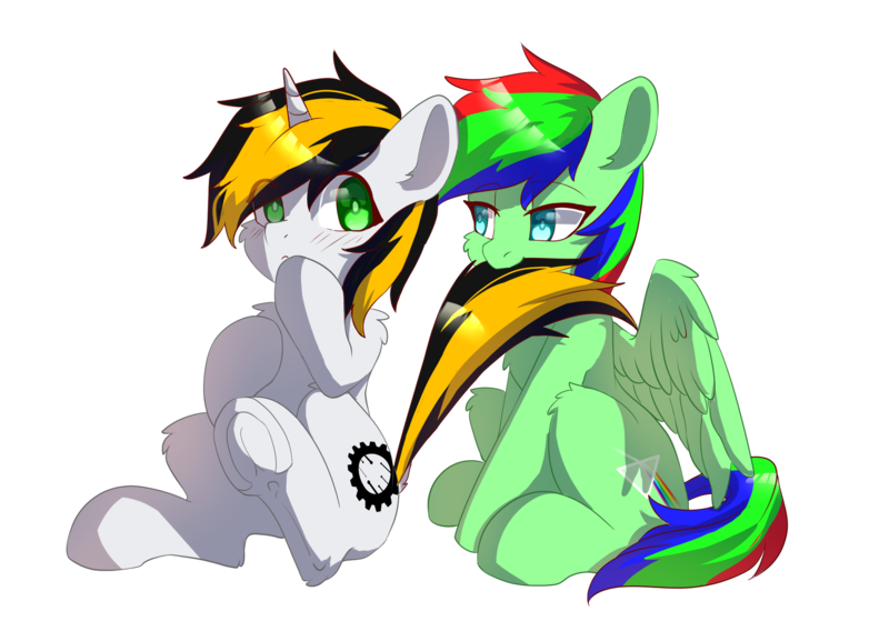 Size: 1900x1350 | Tagged: safe, artist:zero00, derpibooru import, oc, oc:446, oc:polyethylene, unofficial characters only, pegasus, pony, unicorn, derpibooru community collaboration, 2021 community collab, biting, couple, cute, female, image, male, png, simple background, sitting, tail bite, transparent background