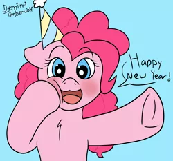Size: 3000x2800 | Tagged: safe, artist:demitri, derpibooru import, pinkie pie, earth pony, pony, :3, blushing, chest fluff, cute, diapinkes, female, frog (hoof), happy new year, hat, holiday, image, jpeg, looking at you, new year, open mouth, party hat, signature, simple background, smiling, smiling at you, solo, speech bubble, squishy cheeks, text, underhoof, wingding eyes