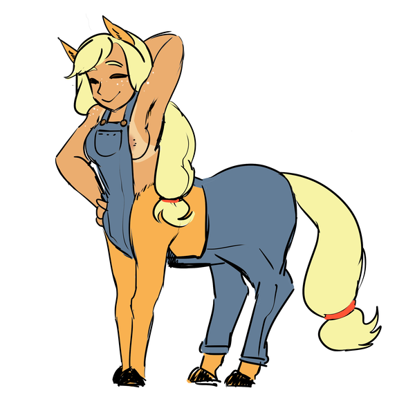 Size: 2500x2500 | Tagged: questionable, artist:currentlytr_ash, derpibooru import, applejack, centaur, arm behind head, armpits, braless, breasts, centaurified, centaurjack, clothes, colored sketch, eyes closed, female, freckles, image, naked overalls, nipples, no underwear, nudity, overalls, png, shoulder freckles, simple background, sketch, smiling, solo, solo female, species swap, tan lines, wardrobe malfunction, white background