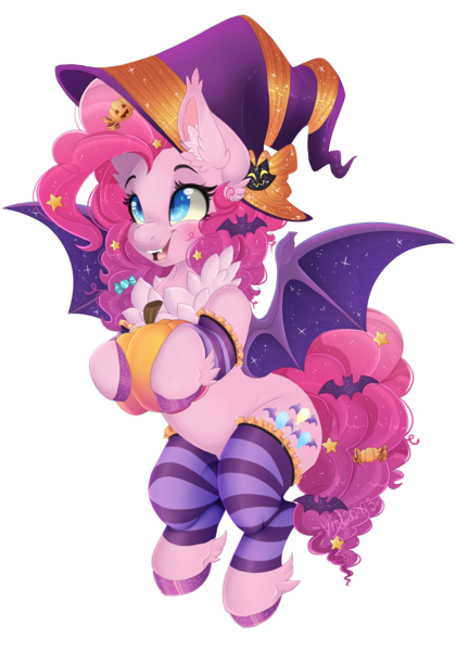 Size: 1920x2740 | Tagged: safe, artist:pvrii, derpibooru import, pinkie pie, bat pony, bat ponified, hat, image, leg warmers, pinkiebat, png, pumpkin, race swap, simple background, solo, transparent background, witch hat