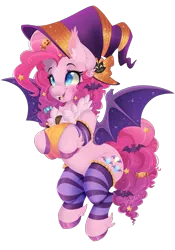 Size: 1920x2740 | Tagged: safe, artist:pvrii, derpibooru import, pinkie pie, bat pony, bat ponified, hat, image, leg warmers, pinkiebat, png, pumpkin, race swap, simple background, solo, transparent background, witch hat