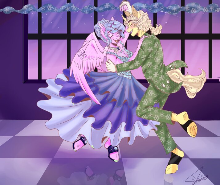 Size: 2048x1721 | Tagged: safe, alternate version, artist:beyond_inside, derpibooru import, oc, unofficial characters only, anthro, pegasus, unguligrade anthro, unicorn, base used, clothes, colored, dancing, dress, duo, female, horn, image, indoors, jpeg, male, open mouth, pegasus oc, signature, smiling, unicorn oc, wings