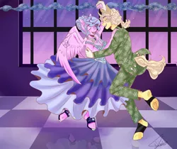 Size: 2048x1721 | Tagged: safe, alternate version, artist:beyond_inside, derpibooru import, oc, unofficial characters only, anthro, pegasus, unguligrade anthro, unicorn, base used, clothes, colored, dancing, dress, duo, female, horn, image, indoors, jpeg, male, open mouth, pegasus oc, signature, smiling, unicorn oc, wings