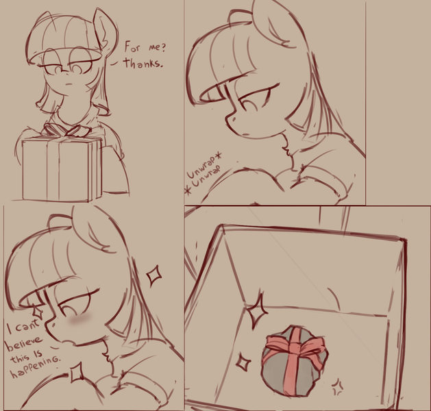 Size: 2066x1970 | Tagged: safe, artist:yoditax, derpibooru import, maud pie, earth pony, pony, blushing, box, comic, dialogue, female, gift wrap, image, lidded eyes, monochrome, png, present, ribbon, rock, sketch, solo, sparkles, that pony sure does love rocks